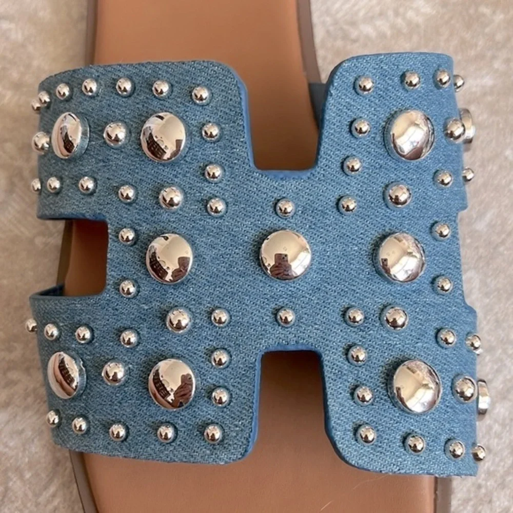 Brand New Madden Girl Denim Blue Silver Tone Metal Studded H-Band Slides Sandals
